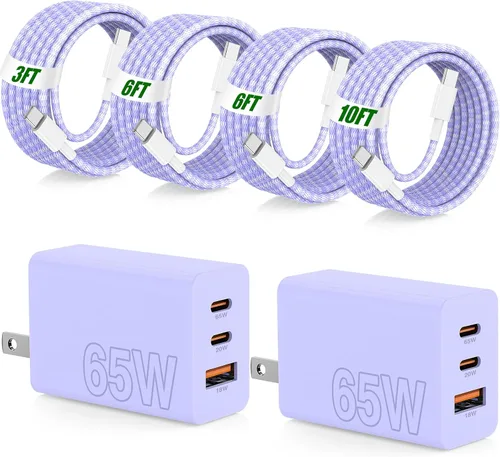 Miniatura 9 de USB C de carga súper rápida de 65 W para iPhone 17 16 Pro Max, bloque de carga USB C de 3 puertos de 100 W PD y cable trenzado tipo C de 3/6/6/10
