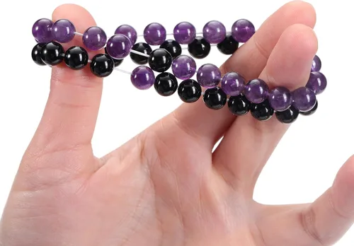 Miniatura 4 de Jovivi 2 pulseras elásticas de piedra curativa de obsidiana negra y amatista de 0.315 pulgadas, hechas a mano, piedras preciosas redondas naturales