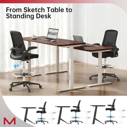Miniatura 8 de Silla de dibujo, silla de oficina alta con soporte lumbar, silla de oficina alta con reposabrazos abatibles, silla de escritorio de pie con anillo