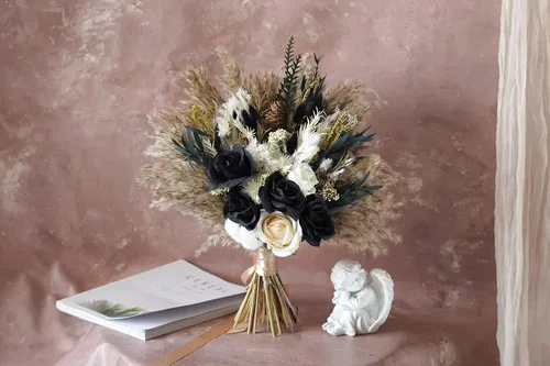 Miniatura 2 de Ramo de boda de rosas preservadas negras y doradas, ramo de boda bohemio, ramo de hierba de las pampas, ramo de flores secas de 12-14 pulgadas