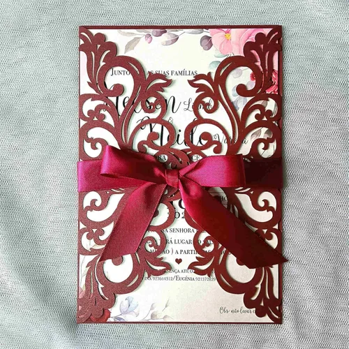 Miniatura 6 de 25 piezas de tarjetas de invitaciones de boda cortadas con láser con purpurina verde con sobres, hojas interiores en blanco, cintas