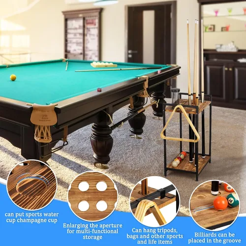 Miniatura 9 de Soporte para palos de billar – Soporte de piso independiente para taco de billar, soporte de madera para palos de billar de 10 agujeros para sala