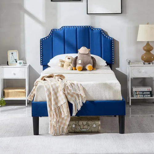 Miniatura 26 de VECELO Base de cama tapizada de terciopelo tamaño Queen con ribete de clavos, cabecera ajustable en altura copetuda, cama vintage con listones