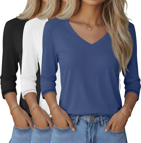 Miniatura 22 de Ficerd Paquete de 3 camisetas de manga 3/4 para mujer, cuello en V, blusas holgadas, blusas casuales, ropa de moda 2026