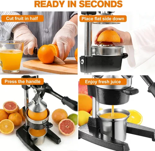 Miniatura 4 de Exprimidor de cítricos de hierro fundido – Prensa manual naranja resistente de 13.8 libras, taza y colador de acero inoxidable 304, exprimidor