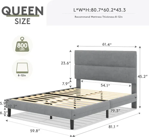 Miniatura 2 de GRUSIGN Base de cama de plataforma tamaño Queen con cabecera de terciopelo, soporte de listones de madera de altura ajustable, base de colchón Gris