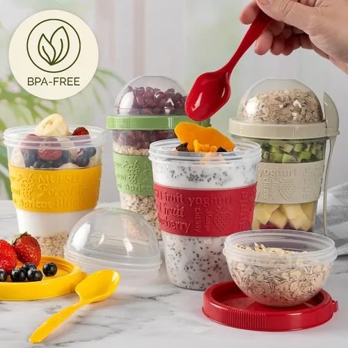 Miniatura 4 de Crystalia Paquete de 4 tazas On The Go de 20 onzas de yogur para parfait con tapas y cucharas, recipientes de avena durante la noche, recipientes