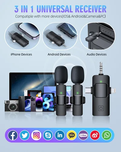 Miniatura 6 de PQRQP Micrófonos inalámbricos Lavalier 3 en 1 para iPhone, iPad, Android, cámara, micrófono USB-C, batería de 7 horas, micrófono mini con reducción