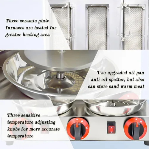 Miniatura 4 de Máquina Shawarma XGN Parrilla de Kebab Vertical Asador Giratorio con 3 Quemadores y 2 Espetos Giratorios Automáticos para Rosticería de Carne, Asado