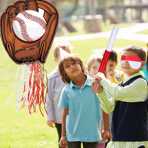 Miniatura 7 de Piñata de béisbol con bate con los ojos vendados para fiesta de cumpleaños, softbol, papel, piñata, pelotas deportivas, suministros de confeti