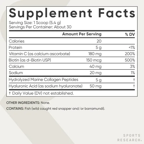 Miniatura 5 de Sports Research Complejo de belleza de colágeno con ácido hialurónico, vitamina C + biotina Pescatarian, certificado Keto y verificado sin OMG