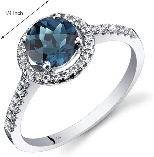 Miniatura 3 de Peora Anillo de topacio azul de Londres para mujer, oro blanco de 14 quilates con topacio blanco, piedra natal genuina, forma redonda de 1.25