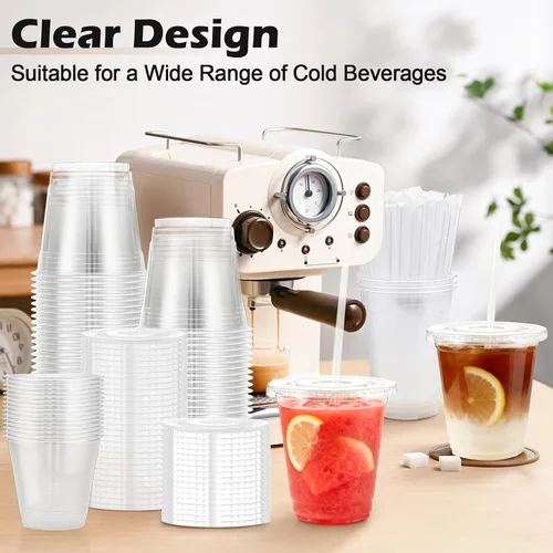 Miniatura 5 de Lamosi Paquete de 100 vasos de plástico transparente de 12 onzas con tapas y pajitas, tazas desechables para café helado con tapas para bebidas
