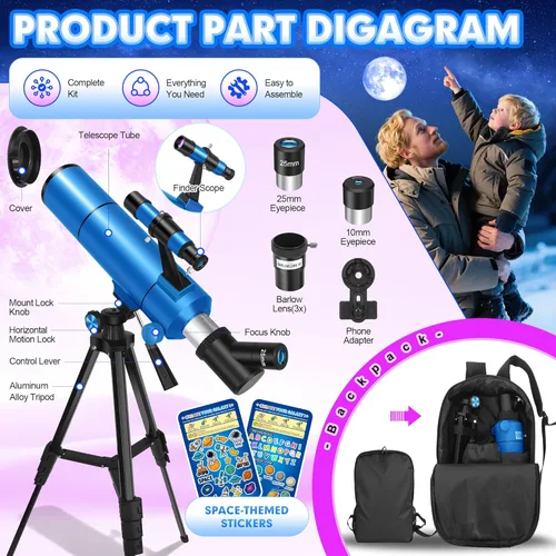 Miniatura 6 de Telescopio para adultos y niños, apertura de 80 mm, 500 mm (20X-150X) Telescopio refractor profesional para principiantes de astronomía, telescopios