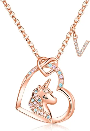 STORUP Regalos de unicornios para niñas, chapado en oro de 14 quilates, oro blanco, oro rosa, colorido colgante de corazón de circonita cúbica,