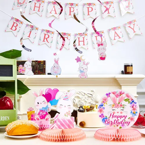 Miniatura 4 de Kit de decoración de fiesta de cumpleaños de conejo, 26 piezas, suministros de conejo, pancarta, panal, centro de mesa, remolinos colgantes