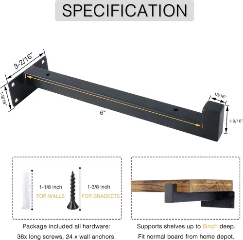 Miniatura 3 de OVOV Paquete de 6 soportes de estante negros de 6 pulgadas con soporte de estante industrial para almacenamiento de cocina, baño, soporte de estante