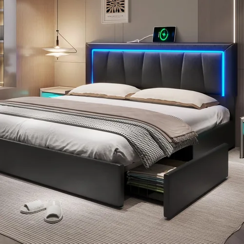Miniatura 11 de Hasuit Base de cama California King con 4 cajones de almacenamiento debajo, plataforma tapizada tamaño Cal King con cabecera de cuero artificial