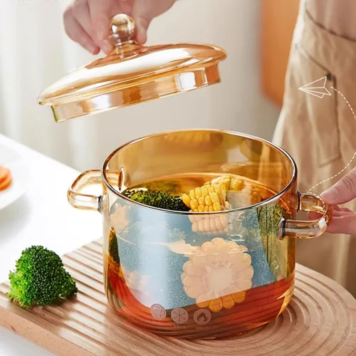 Miniatura 2 de Olla de vidrio transparente para estufa, sartén de doble asa con tapa para fideos de pasta, sopa, leche, preparación de alimentos para bebés o Ámbar