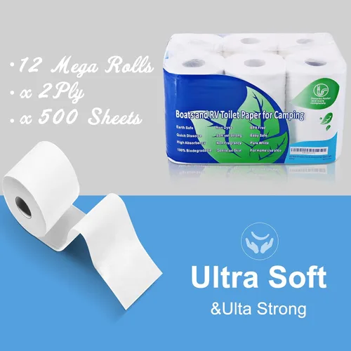 Miniatura 5 de Papel higiénico RV de disolución rápida, 2 capas, seguro séptico, biodegradable, 500 hojas, 12 rollos, papel higiénico de campamento para caravanas