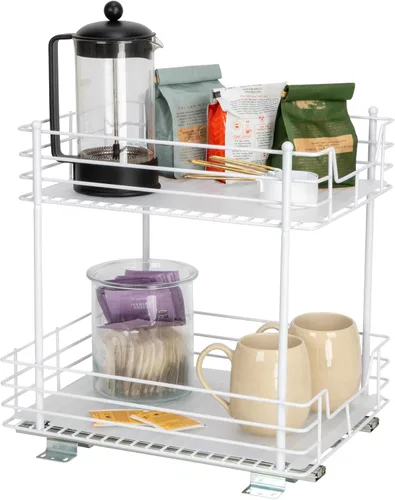 Miniatura 14 de Household Essentials Organizador de despensa de dos niveles de acero blanco con detalles de plástico forrado limpio
