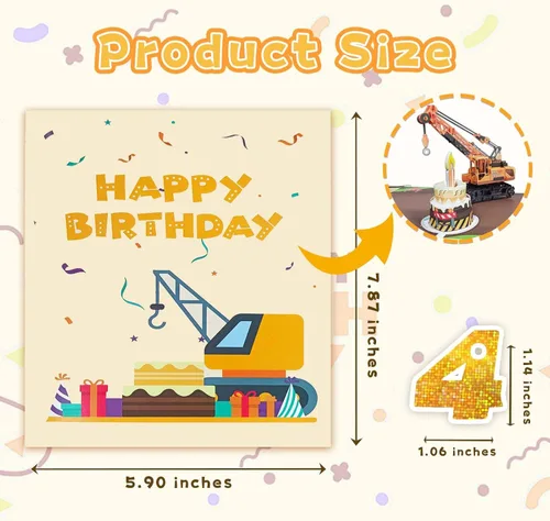 Miniatura 6 de Tarjeta de felicitación 3D de 4º cumpleaños con luz y música, tarjeta de camión grúa para niño, sobrino, nieto, hijo, niño pequeño, con sobre, 4th