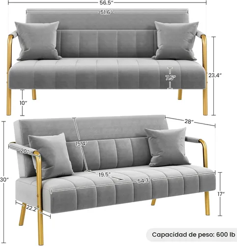 Miniatura 3 de Yaheetech Sofá moderno de 56.5 pulgadas de ancho, sofá pequeño de tela de terciopelo de lujo con brazos y patas de metal dorado para sala de estar