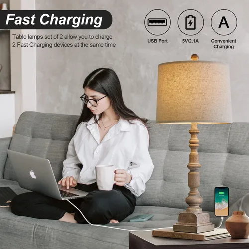 Miniatura 7 de Oneach Juego de 2 lámparas de mesa USB vintage de 27.75 pulgadas para sala de estar, dormitorio, lámpara tradicional de mesita de noche con doble