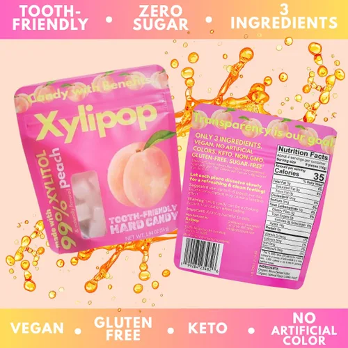 Miniatura 6 de Xylipop Melocotón - Caramelo de xilitol apto para los dientes, fabricado con 3 ingredientes orgánicos, sin azúcar y vegano, tratamiento seguro