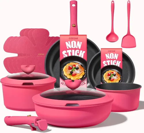 CAROTE Juego de 15 piezas de ollas y sartenes antiadherentes, juego de utensilios de cocina no tóxico con mango desmontable, juego de cocina de
