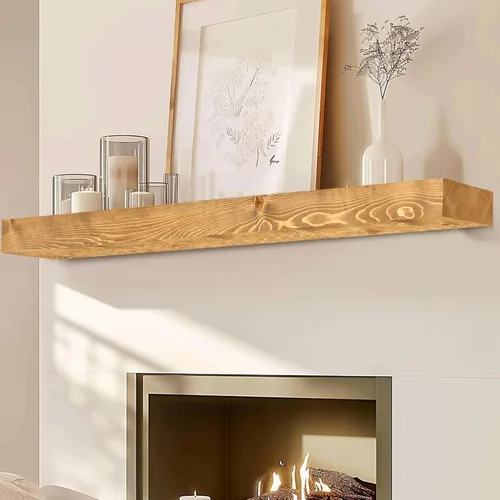 Miniatura 20 de Repisa de chimenea de 48 pulgadas, madera maciza rústica hecha a mano de 3 pulgadas de grosor, estante flotante largo de pared con soporte de metal