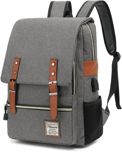 Miniatura 6 de Mancio Mochila vintage delgada para laptop para mujeres y hombres, bolsa universitaria de negocios resistente a desgarros con puerto de carga USB