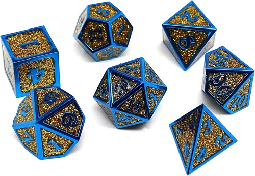 Miniatura 2 de Heroic Dice of Metallic Luster - Colección de 7 piezas de dados poliédricos de metal (dorado con fuente azul)