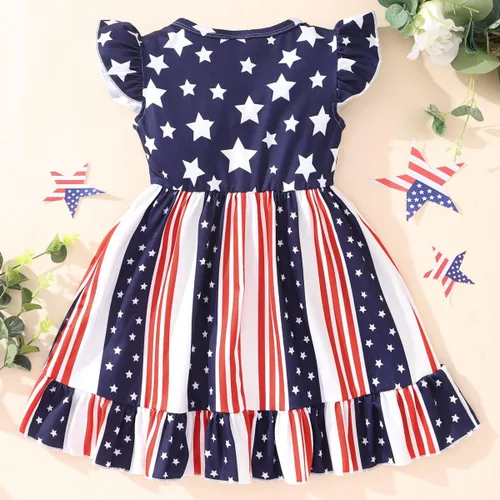 Miniatura 3 de Vestido para niñas del 4 de julio, vestidos de bandera estadounidense, manga con vuelo, ropa patriótica, trajes para el día de la independencia