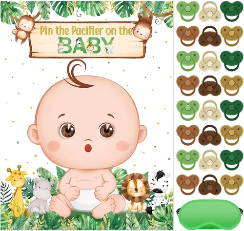 Miniatura 26 de Faccito Pin The Chupete - Juego de baby shower, decoración de fiesta de baby shower, incluye póster grande, 24 calcomanías para chupete, juego