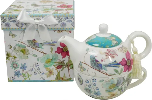 Juego de té de porcelana de hueso Lightahead para una persona en diseño de pájaro azul, en atractiva caja de regalo reutilizable hecha a mano (con