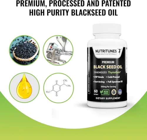 Miniatura 9 de Aceite de semilla negra 3% timoquinona estandarizado – Clínicamente estudiado, grado USP, prensado en frío Nigella Sativa ThymoQuin, sin OMG – 60