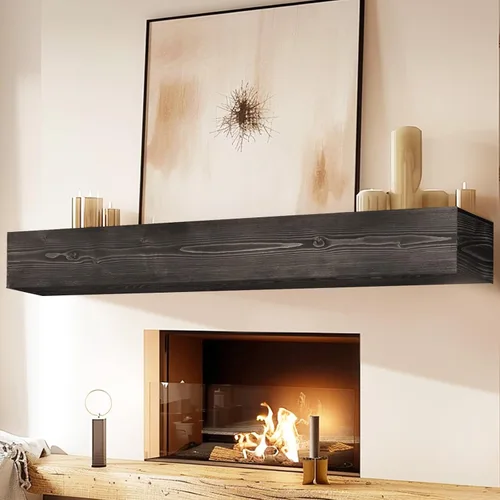Miniatura 37 de Repisa de chimenea de 48 pulgadas, madera maciza rústica hecha a mano de 3 pulgadas de grosor, estante flotante largo de pared con soporte de metal