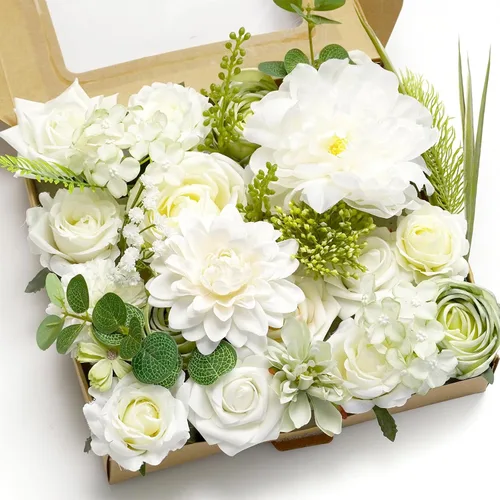 Miniatura 11 de Juego de caja de flores artificiales moradas, combo de rosas falsas y dalias para manualidades, boda, centro de mesa, buqué de novia, baby shower