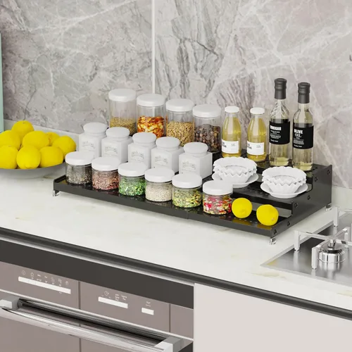 Miniatura 4 de Organizador de especias expandible con estante de 3 niveles, diseño moderno resistente, antideslizante y visibilidad, ideal para armario de cocina