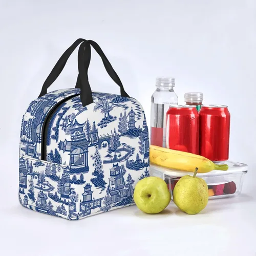 Miniatura 4 de Blue Willow Ancient Ming Chinoiserie - Bolsa de almuerzo aislada reutilizable, 8.5 x 8 x 5 pulgadas