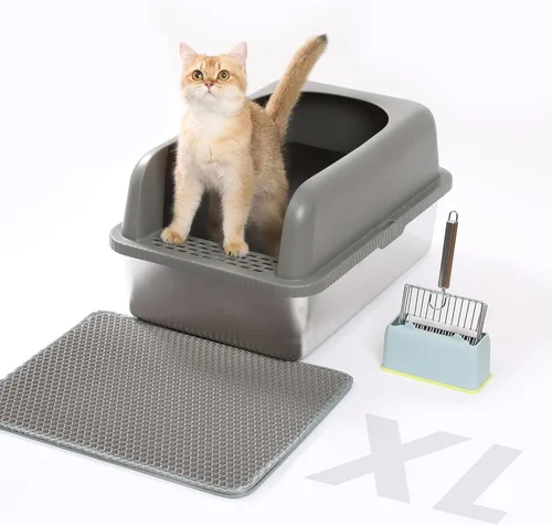 Caja de arena para gatos de acero inoxidable XL para gatos grandes- Caja de arena de metal extra grande con tapa, incluye pala de arena de metal,