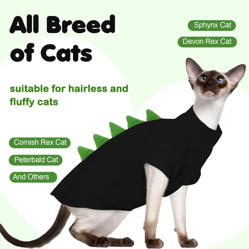 Miniatura 5 de DENTRUN Sphynx - Ropa de gato, lindo diseño de dinosaurio, disfraz de gato sin pelo, camisas de algodón transpirable, ropa de gato solo para gatos