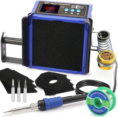WEP 948DQ-II - Extractor de humo de doble filtro, estación de soldador 2 en 1, ventilador de soldadura con control PID, ℉/℃, modo de suspensión,