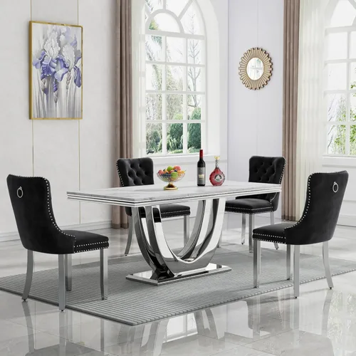 Miniatura 57 de Juego de mesa de comedor de mármol sintético, 7 piezas, juego de mesa de cocina y comedor para 6, mesa de comedor rectangular blanca de 70 pulgadas
