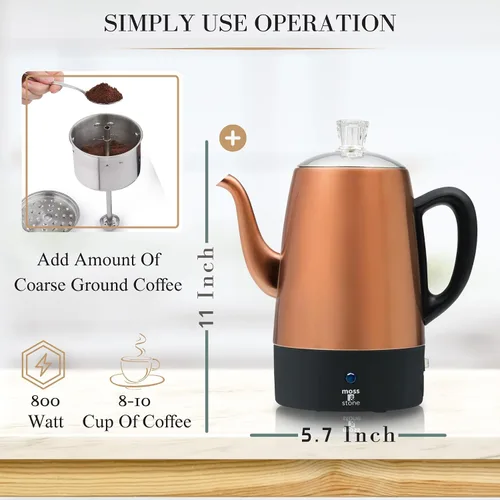 Miniatura 3 de Precolador de café eléctrico Moss & Stone - Cuerpo con tapas de acero inoxidable, cafetera, olla eléctrica, capacidad de 10 tazas