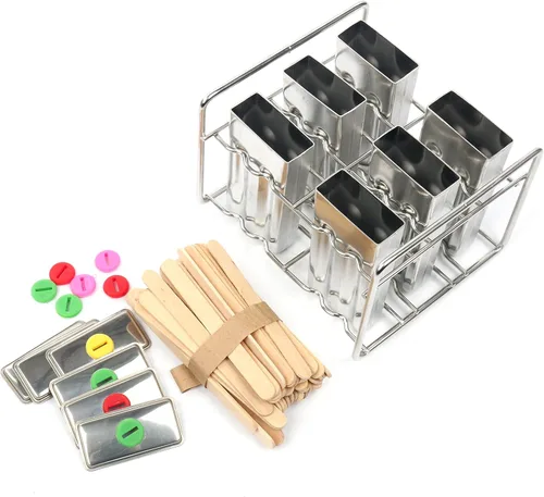 Miniatura 8 de Juego de 6 moldes y estantes de acero inoxidable para paletas – Máquina casera de golosinas de hielo con 50 palos de madera y 6 sellos de silicona