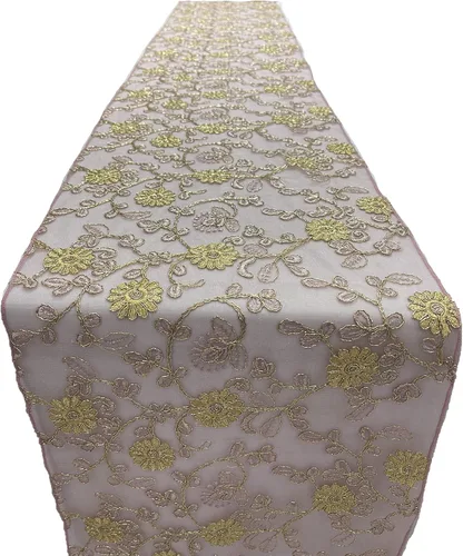 Telón de fondo King Inc, 12 pulgadas de ancho x 90 pulgadas de largo, bordado metálico, decoración de boda (rosa polvorienta sobre malla de rosa