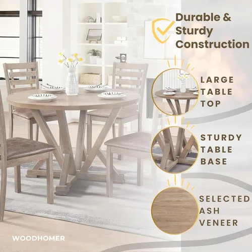 Miniatura 6 de Mesa de comedor redonda para 4-6 personas con estante de almacenamiento, base de madera maciza, diseño de dos tonos, mesa de cocina redonda ideal