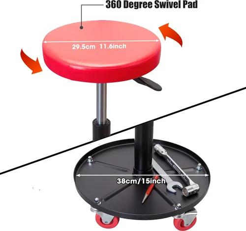 Miniatura 3 de Torin ATRHL6201B Asiento de garaje/taller neumático rodante resistente: Taburete mecánico acolchado ajustable con almacenamiento para herramientas